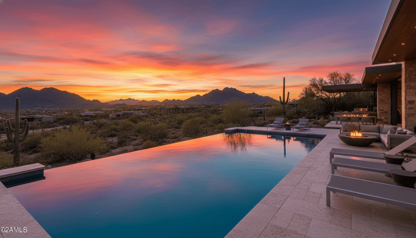 Luxury renovated pool in Scottsdale Arizona with mountain views at sunset